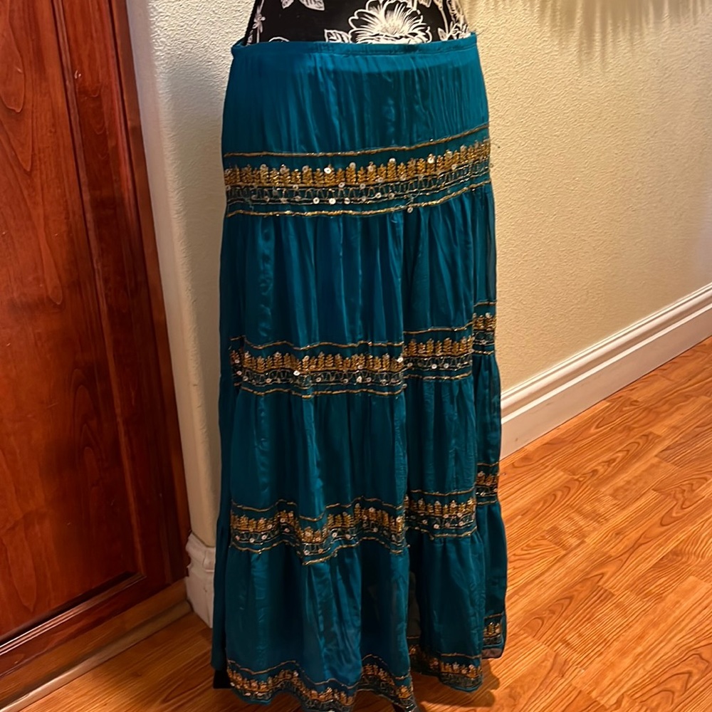 Vintage Bohemian skirt. Teal green with sequins and gold trimmings.